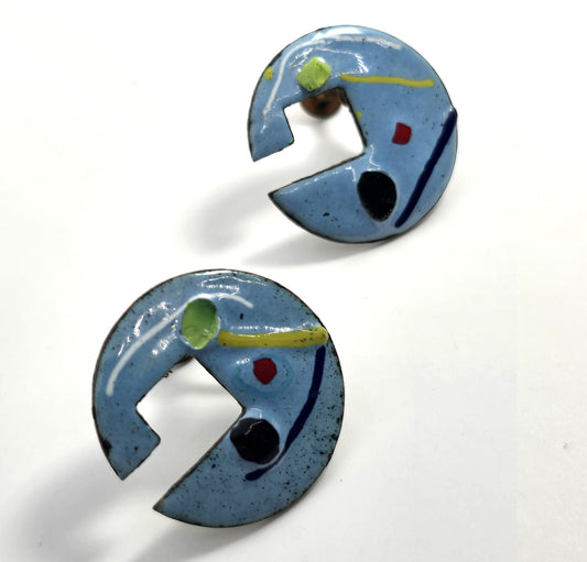 Blue Enamel over copper Artisan Abstract Modernist vintage screw back earrings