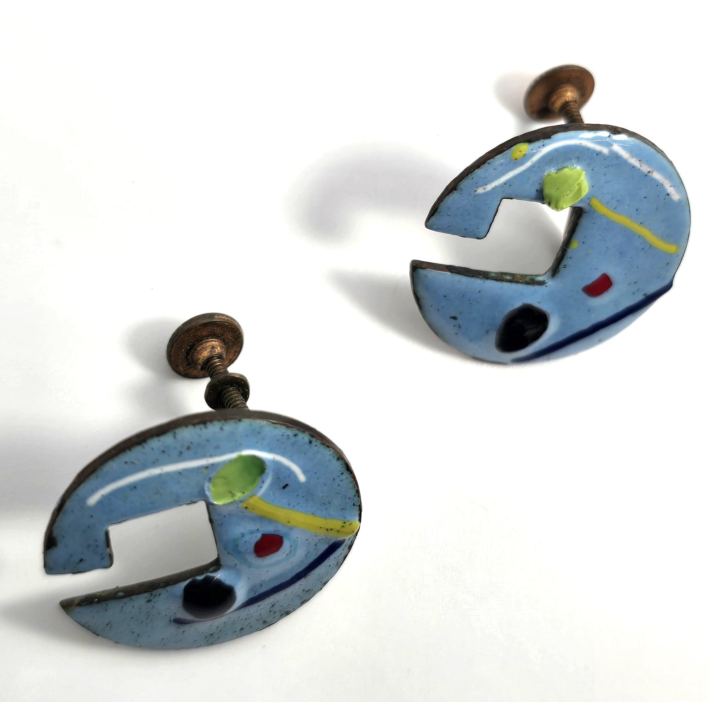 Blue Enamel over copper Artisan Abstract Modernist vintage screw back earrings