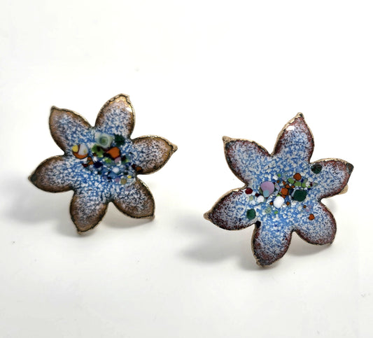Blue Enamel over copper Artisan Modernist flower vintage screw back earrings