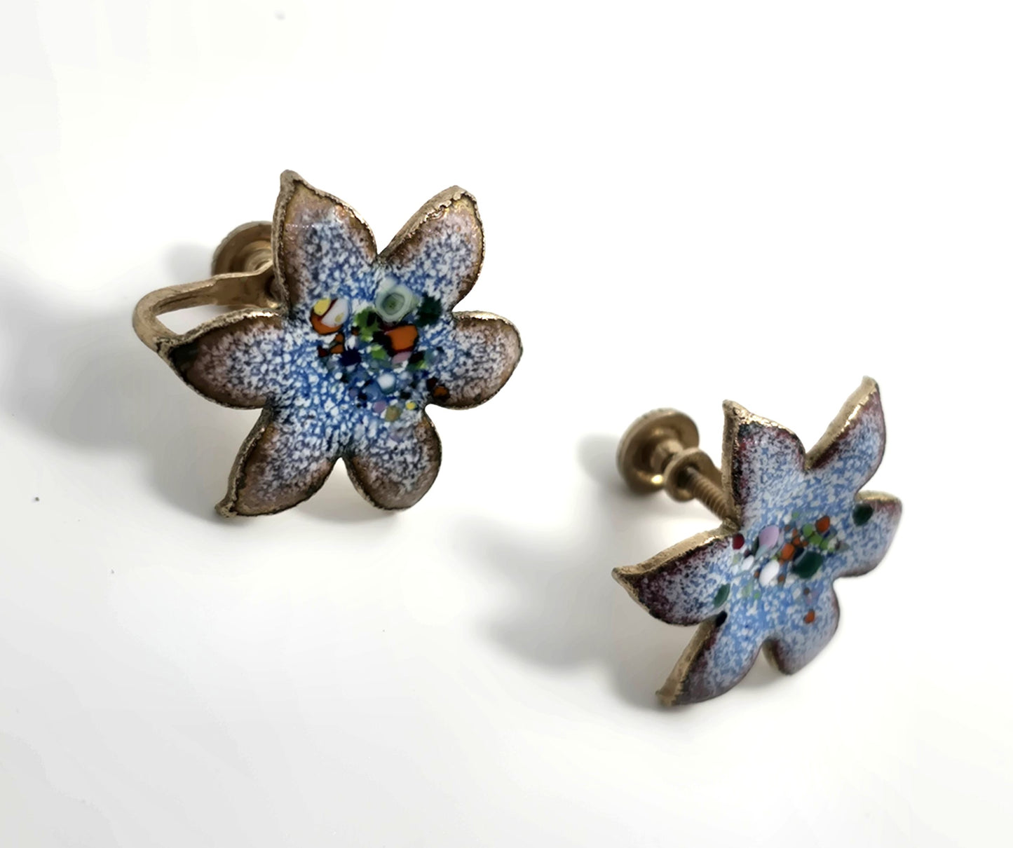 Blue Enamel over copper Artisan Modernist flower vintage screw back earrings