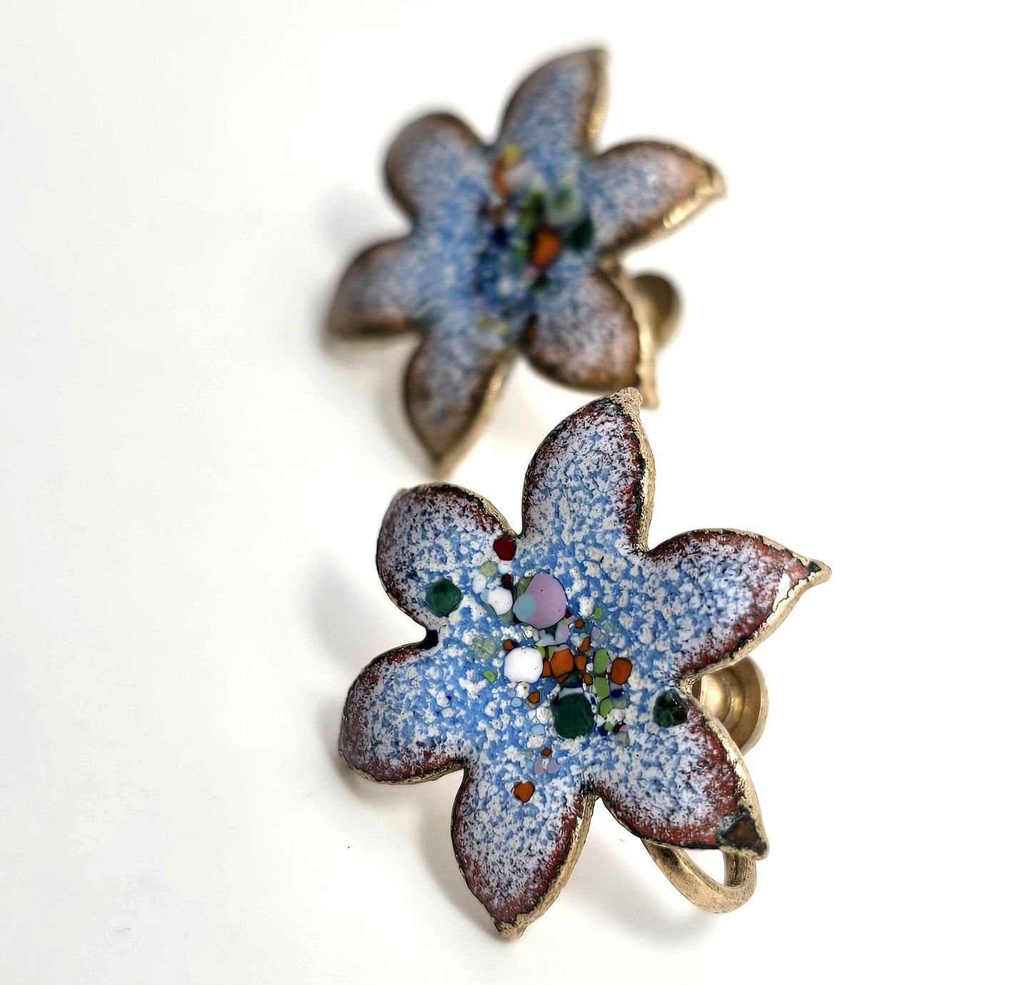 Blue Enamel over copper Artisan Modernist flower vintage screw back earrings