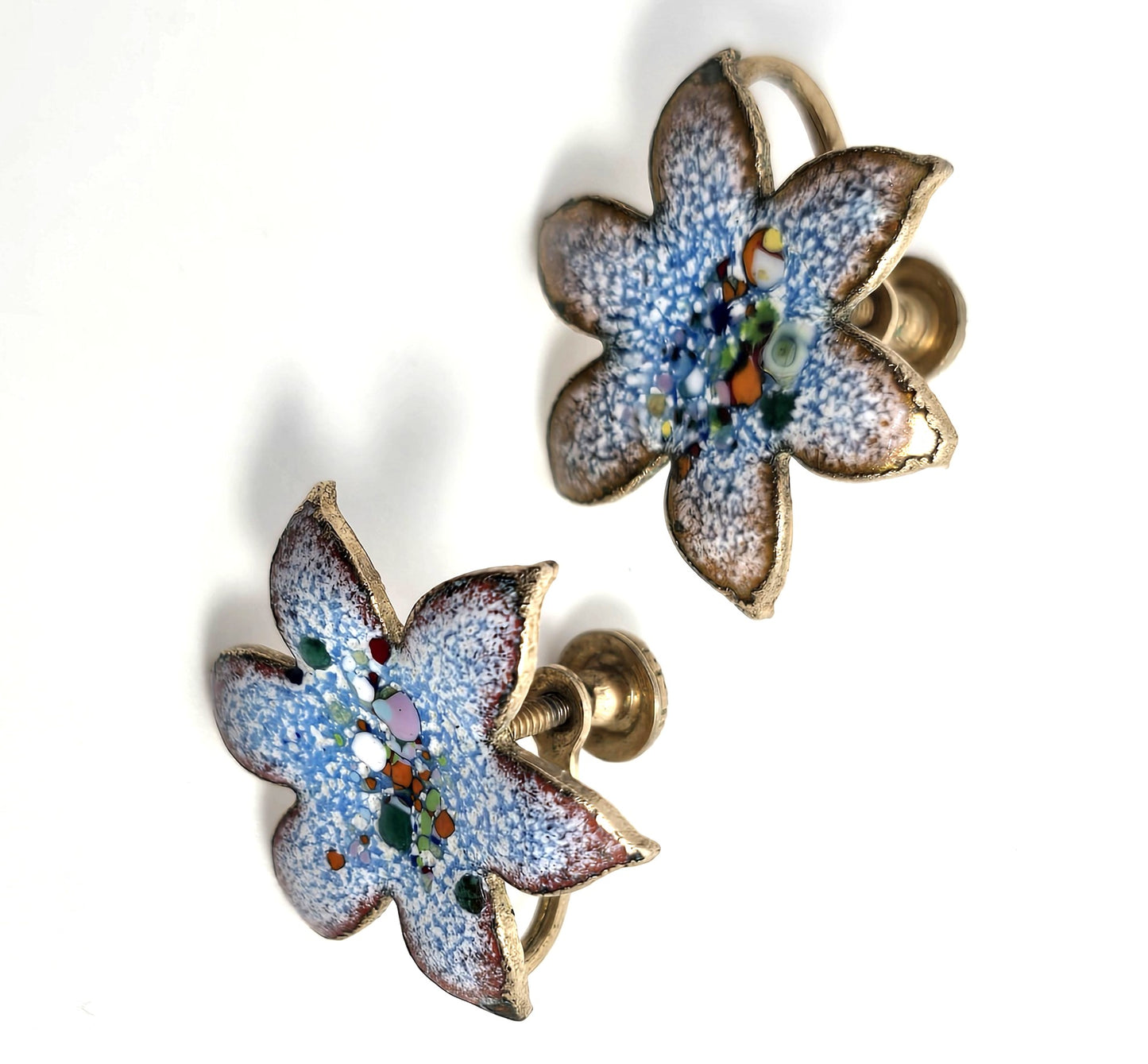 Blue Enamel over copper Artisan Modernist flower vintage screw back earrings