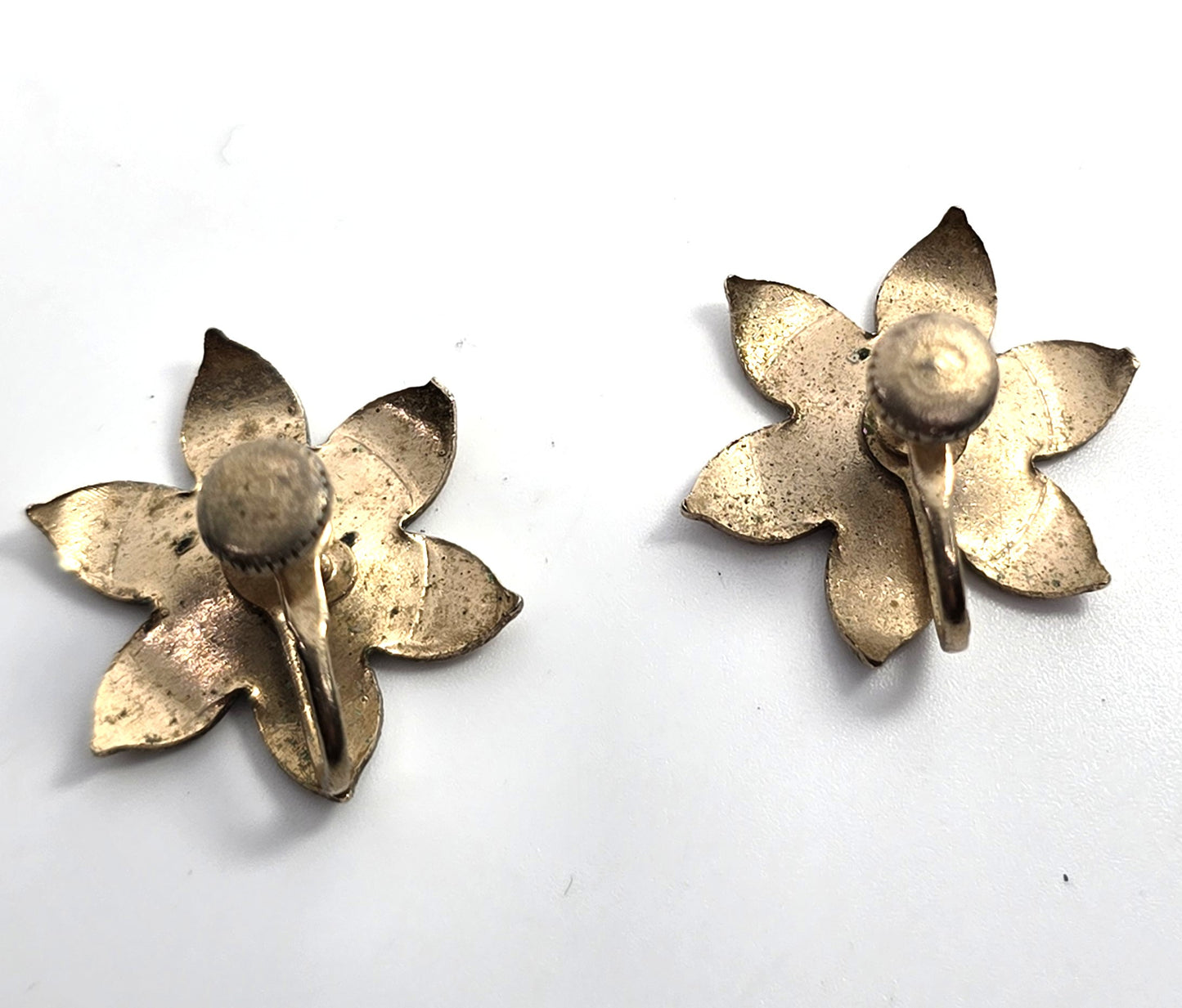 Blue Enamel over copper Artisan Modernist flower vintage screw back earrings