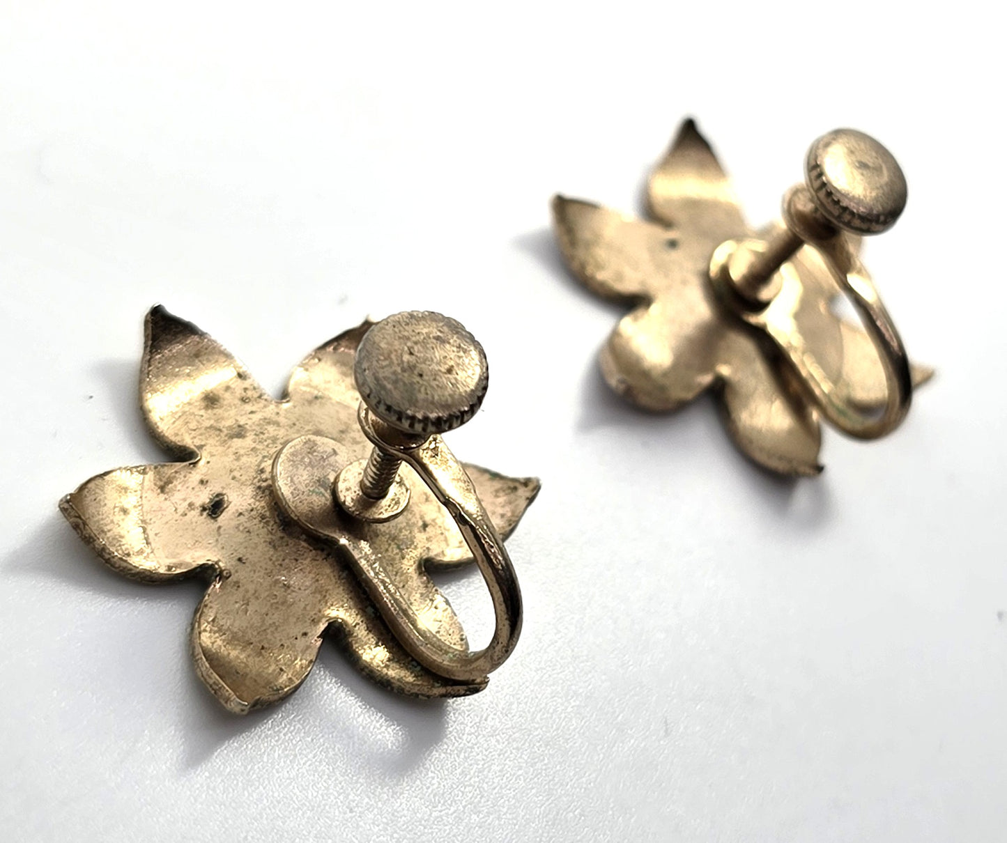 Blue Enamel over copper Artisan Modernist flower vintage screw back earrings