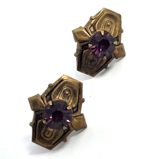 Script Coro Art Deco purple Rhinestone vintage mid century screw back earrings