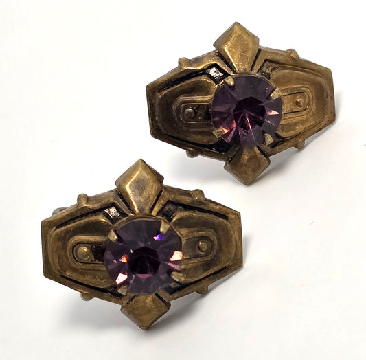 Script Coro Art Deco purple Rhinestone vintage mid century screw back earrings