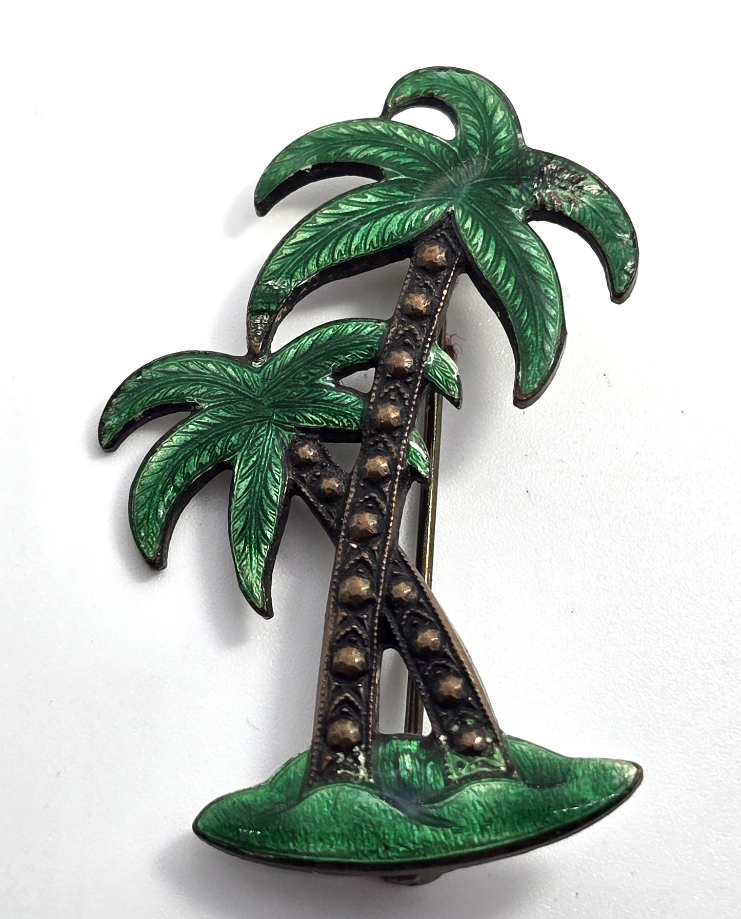 Green Palm Tree Guilloche Enamel vintage Palms Brooch
