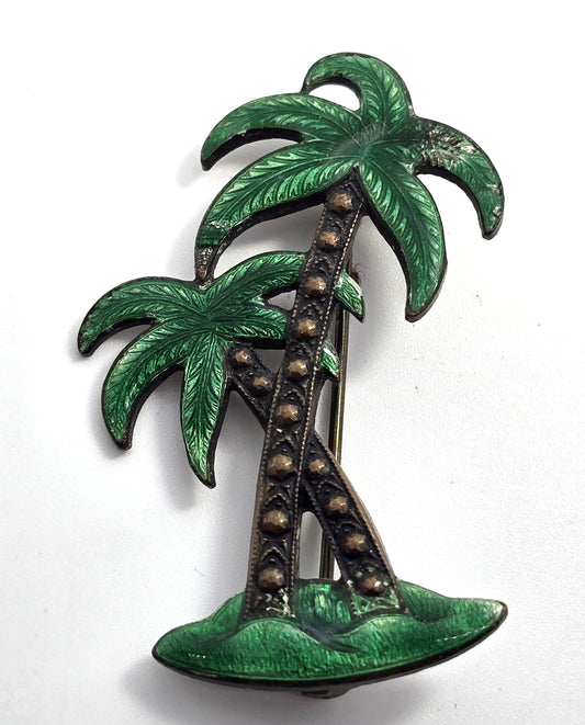 Green Palm Tree Guilloche Enamel vintage Palms Brooch