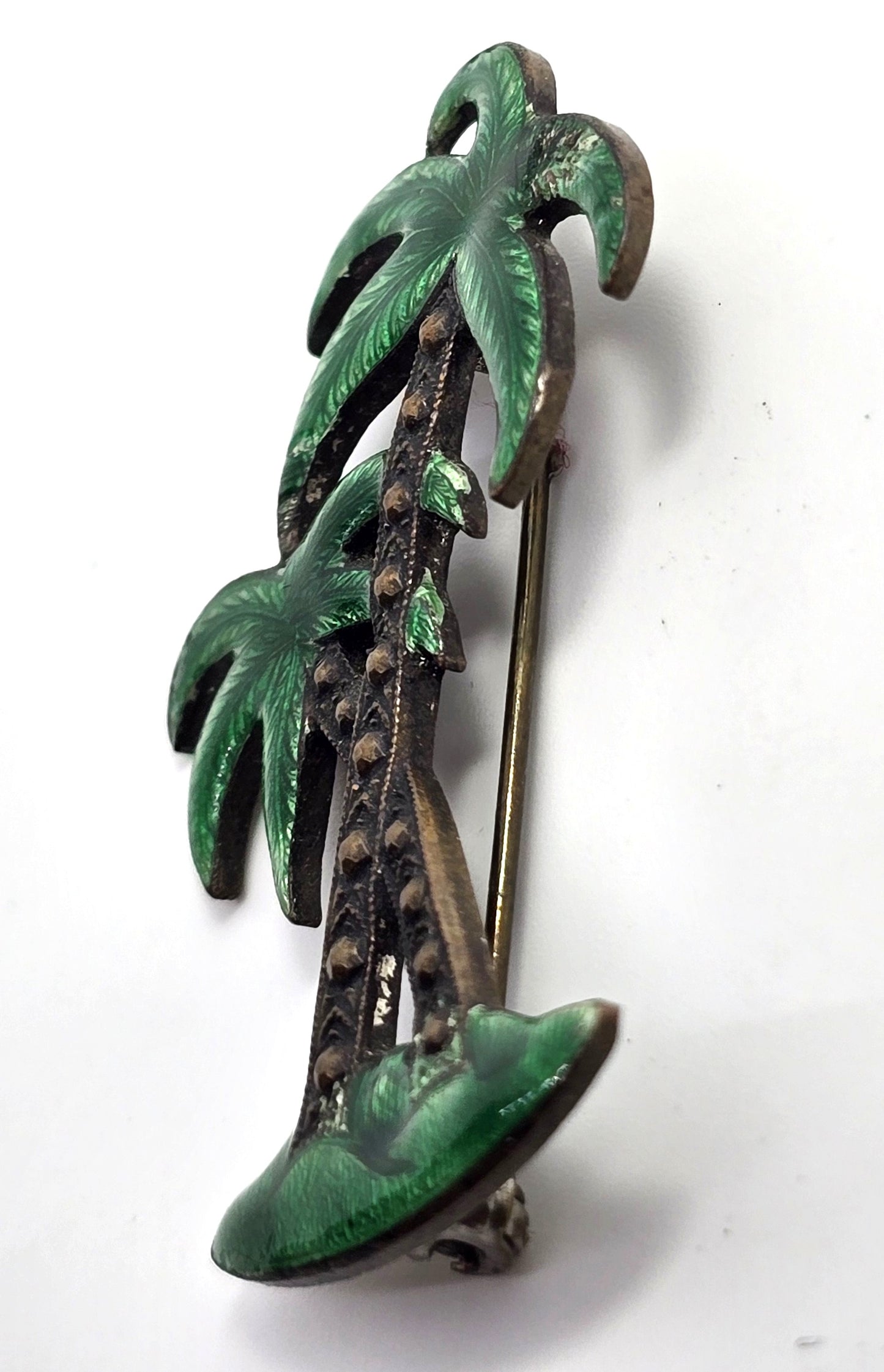 Green Palm Tree Guilloche Enamel vintage Palms Brooch