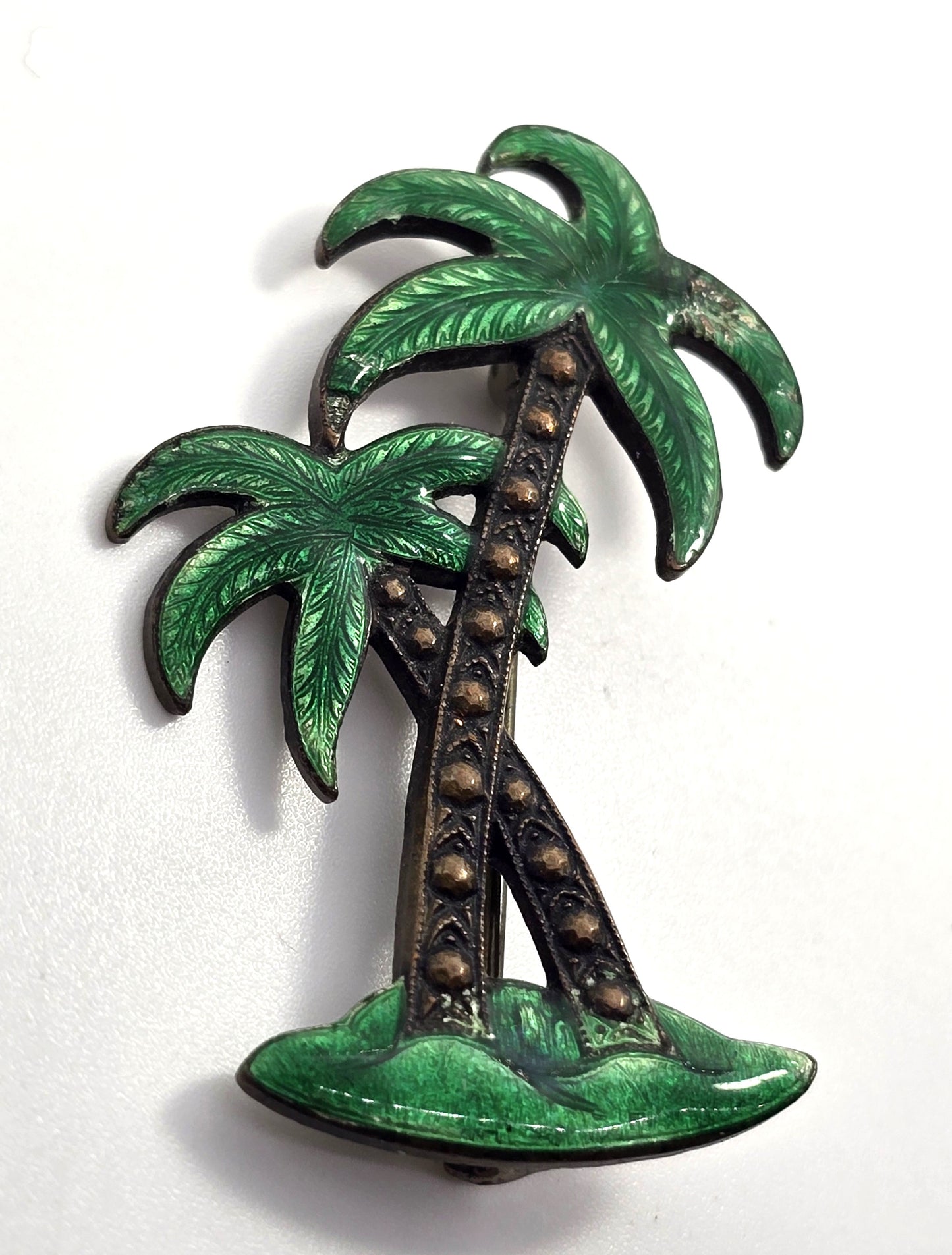 Green Palm Tree Guilloche Enamel vintage Palms Brooch