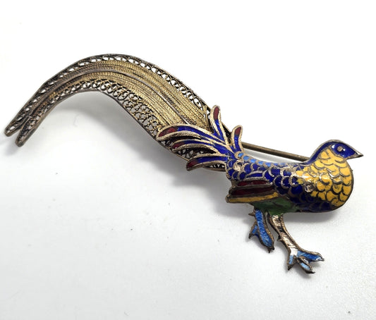 Pheasant Enamel Blue and yellow spun silver gilt sterling silver brooch