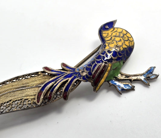 Pheasant Enamel Blue and yellow spun silver gilt sterling silver brooch