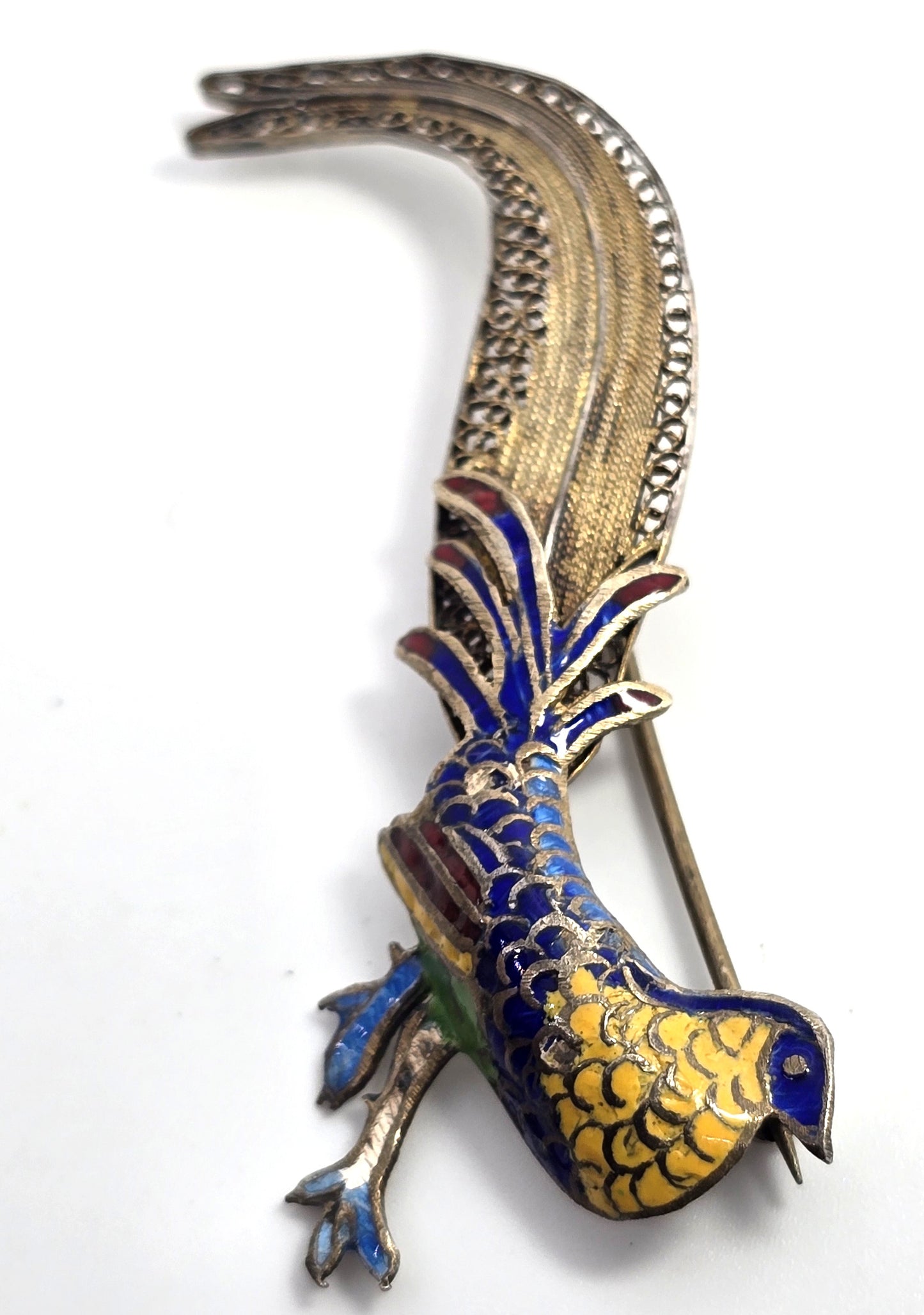 Pheasant Enamel Blue and yellow spun silver gilt sterling silver brooch