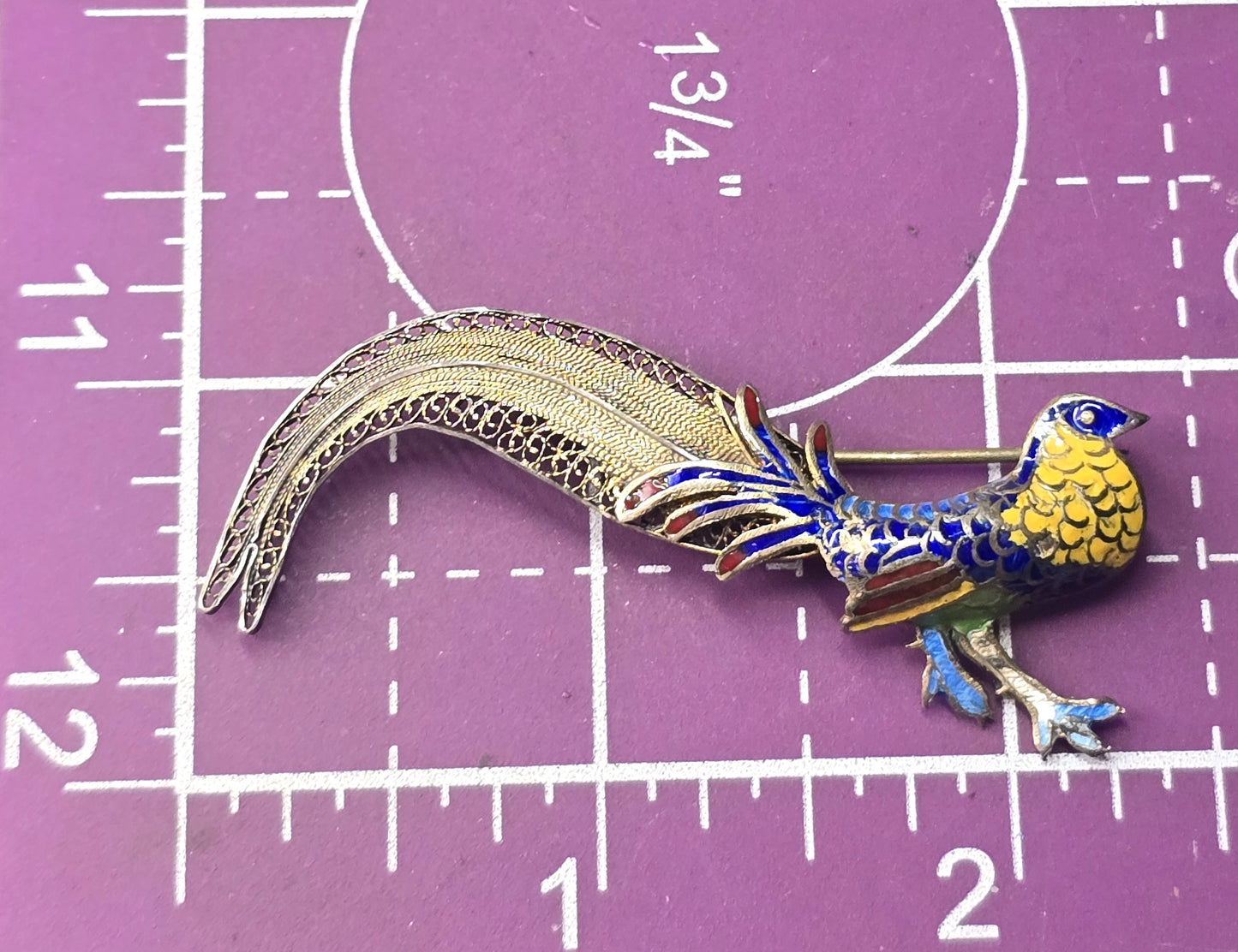 Pheasant Enamel Blue and yellow spun silver gilt sterling silver brooch