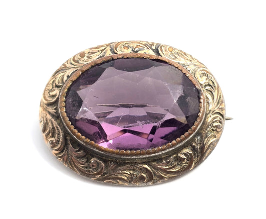 Foster & Bailey Victorian Purple paste glass gold filled antique brooch pin