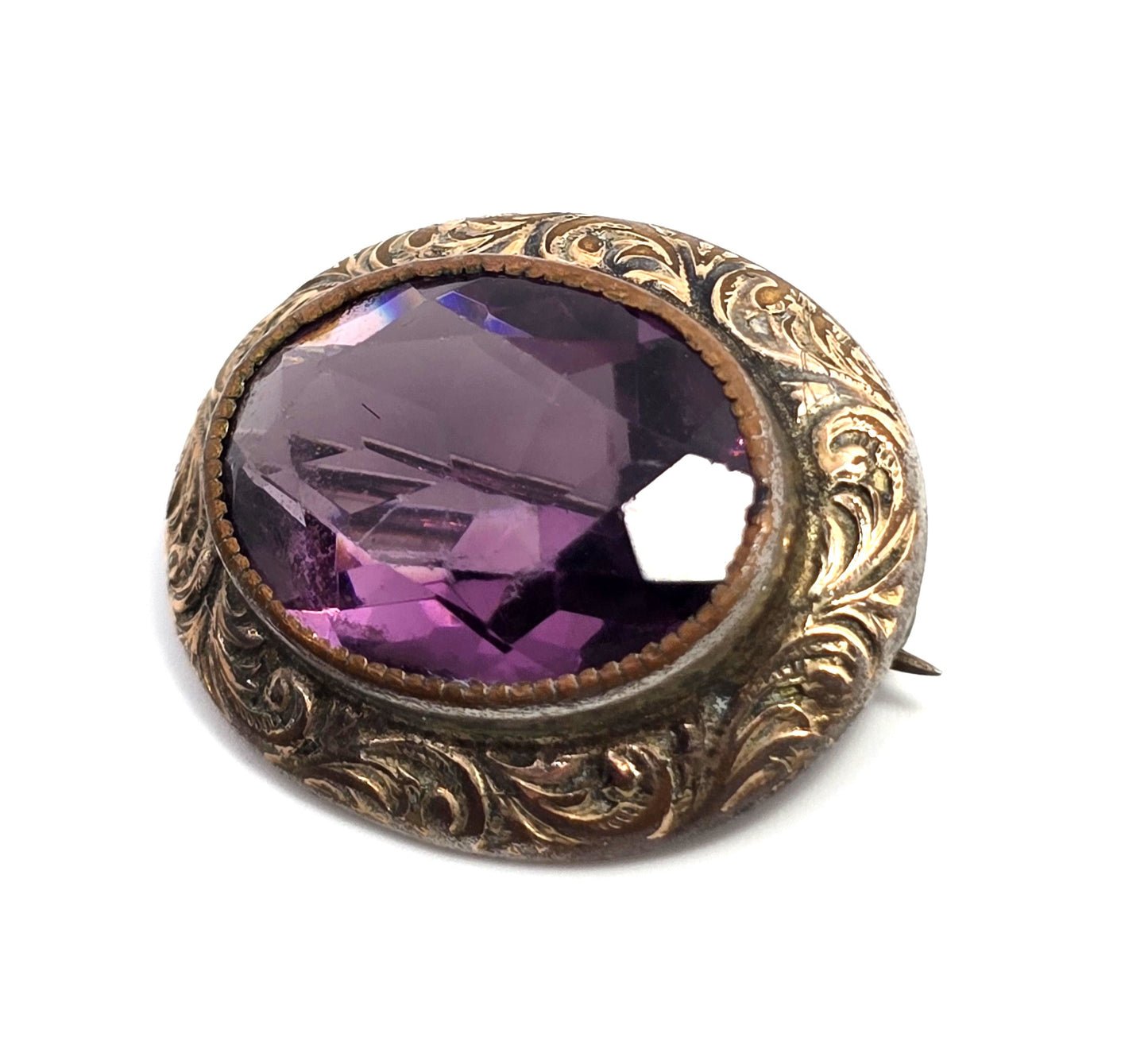 Foster & Bailey Victorian Purple paste glass gold filled antique brooch pin