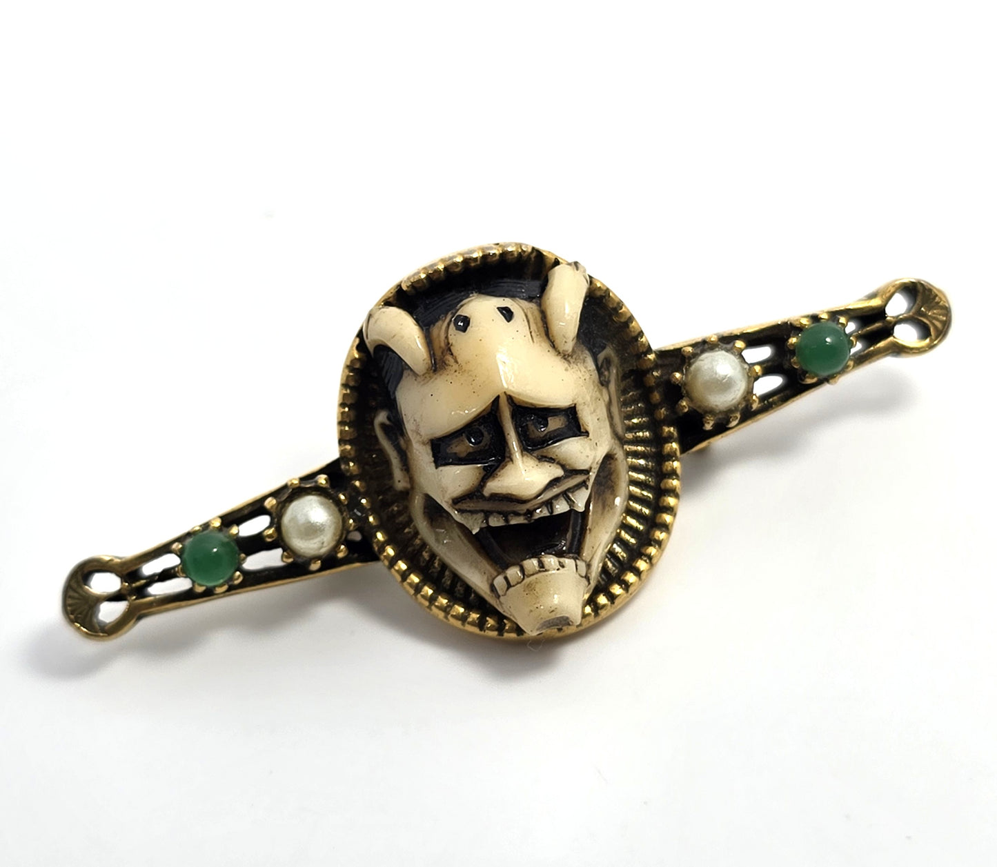 Florenza Vintage Hannya Mask Gold Tone Pin. Noh Japanese brooch