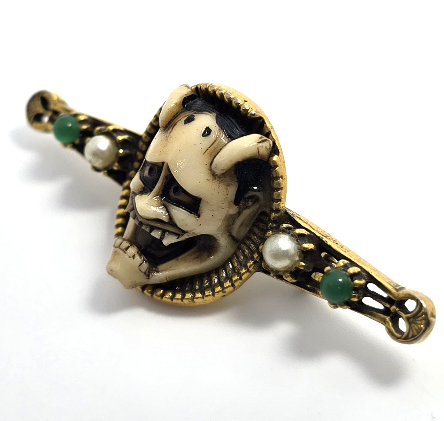 Florenza Vintage Hannya Mask Gold Tone Pin. Noh Japanese brooch