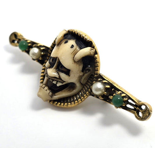 Florenza Vintage Hannya Mask Gold Tone Pin. Noh Japanese brooch