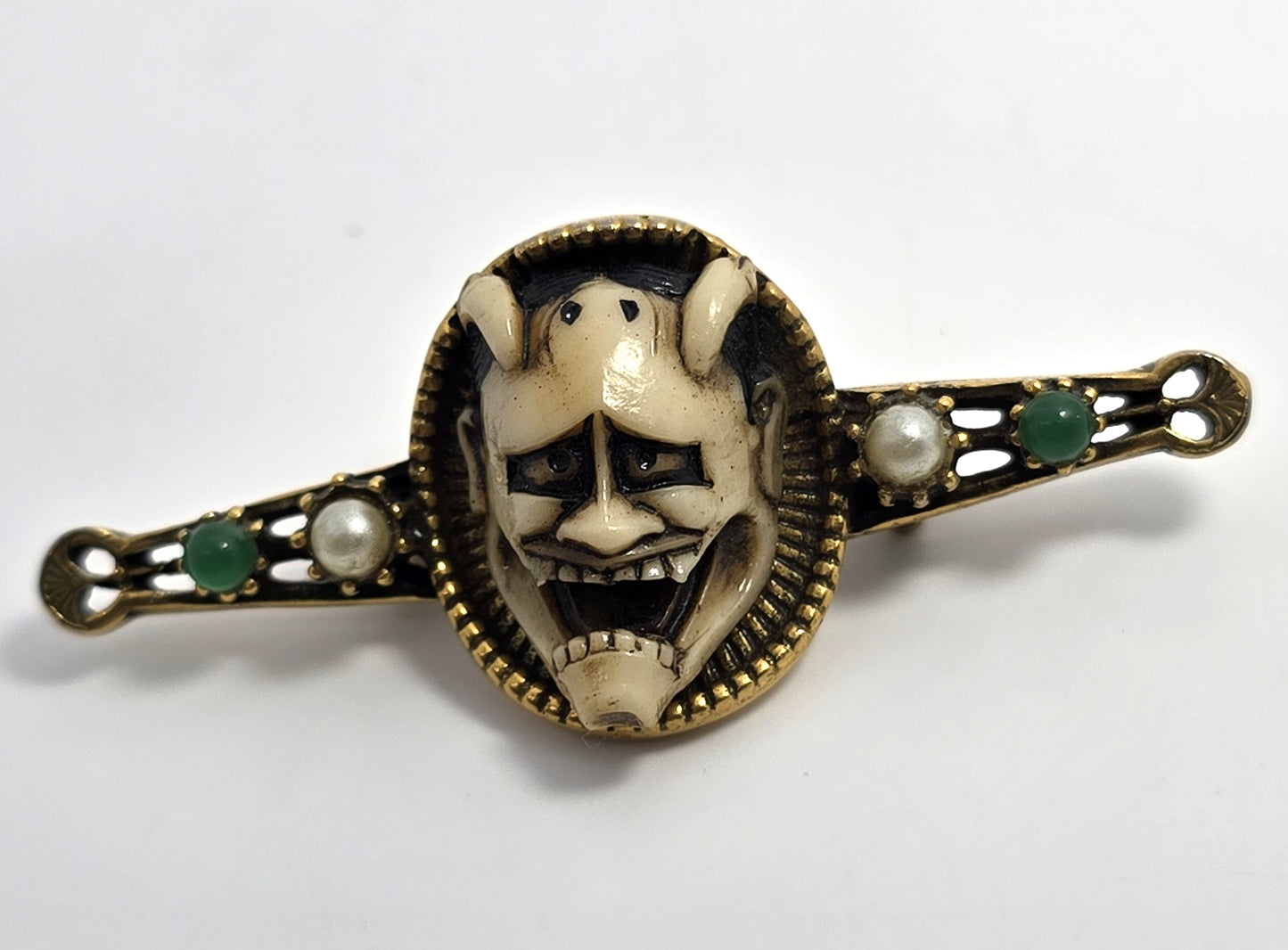Florenza Vintage Hannya Mask Gold Tone Pin. Noh Japanese brooch