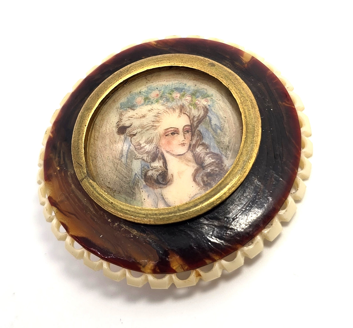 Cameo Art Nouveau hand painted lady vintage celluloid brooch pin