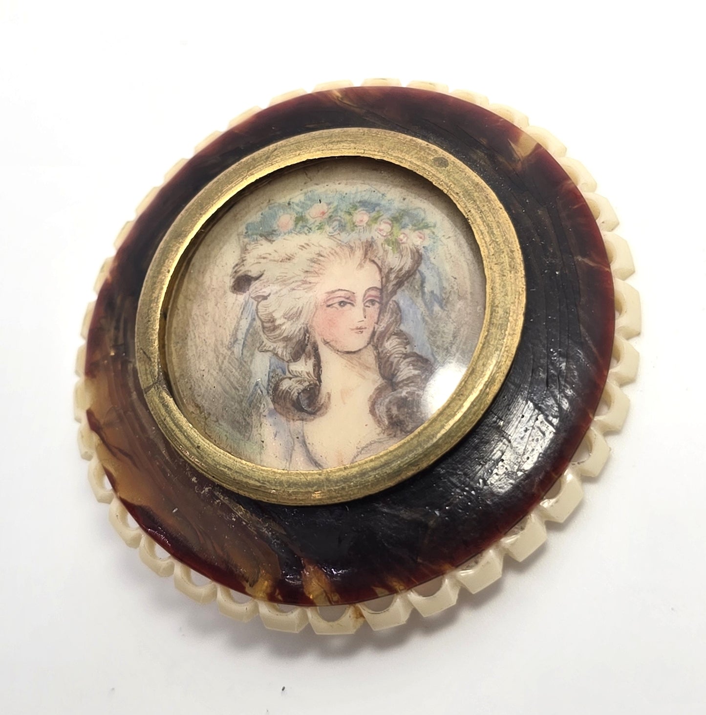 Cameo Art Nouveau hand painted lady vintage celluloid brooch pin
