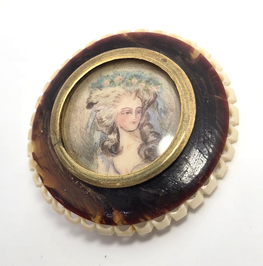 Cameo Art Nouveau hand painted lady vintage celluloid brooch pin