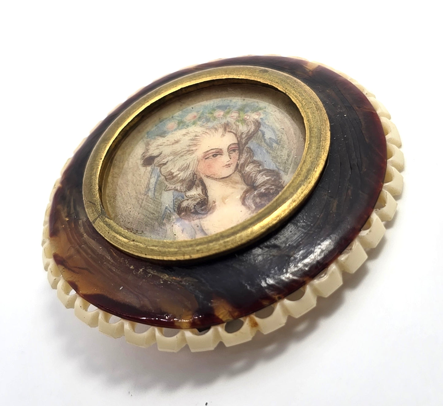 Cameo Art Nouveau hand painted lady vintage celluloid brooch pin