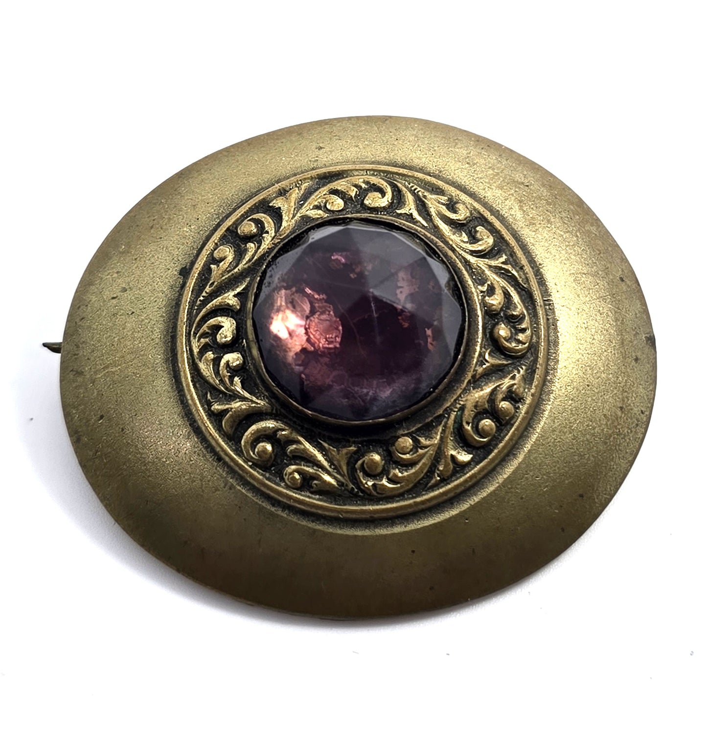 Victorian Purple paste glass cartouche pressed brass antique brooch pin