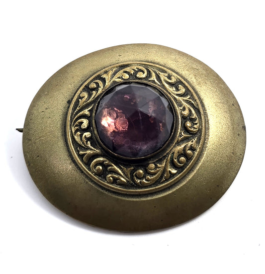Victorian Purple paste glass cartouche pressed brass antique brooch pin