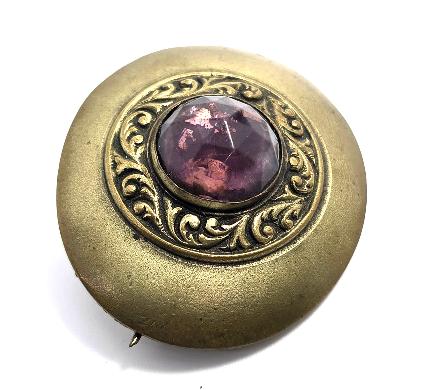 Victorian Purple paste glass cartouche pressed brass antique brooch pin