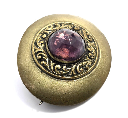 Victorian Purple paste glass cartouche pressed brass antique brooch pin