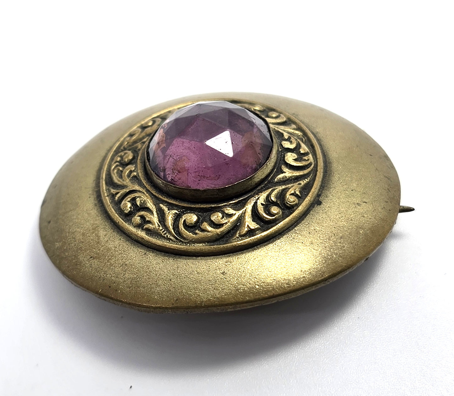 Victorian Purple paste glass cartouche pressed brass antique brooch pin