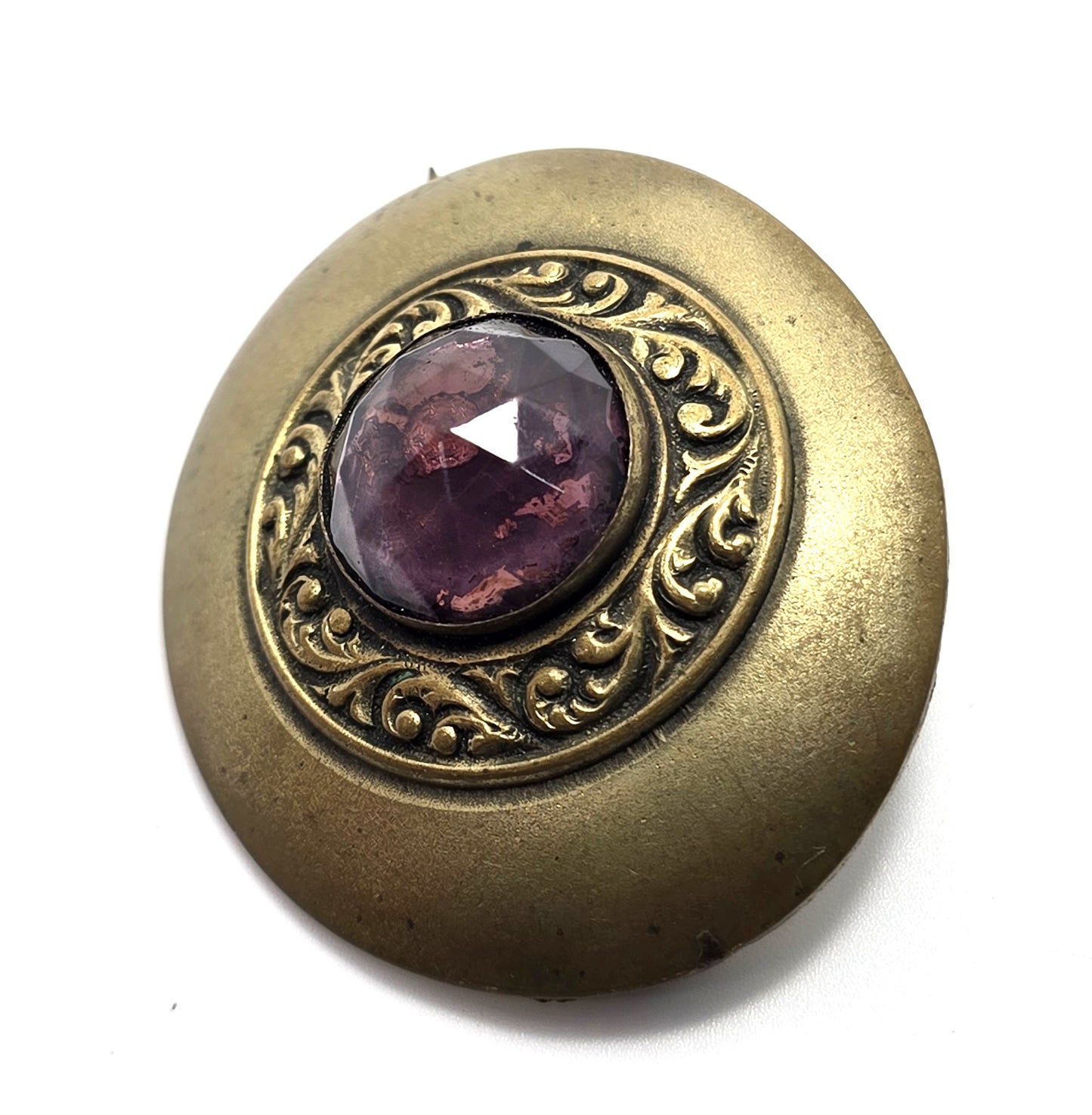 Victorian Purple paste glass cartouche pressed brass antique brooch pin