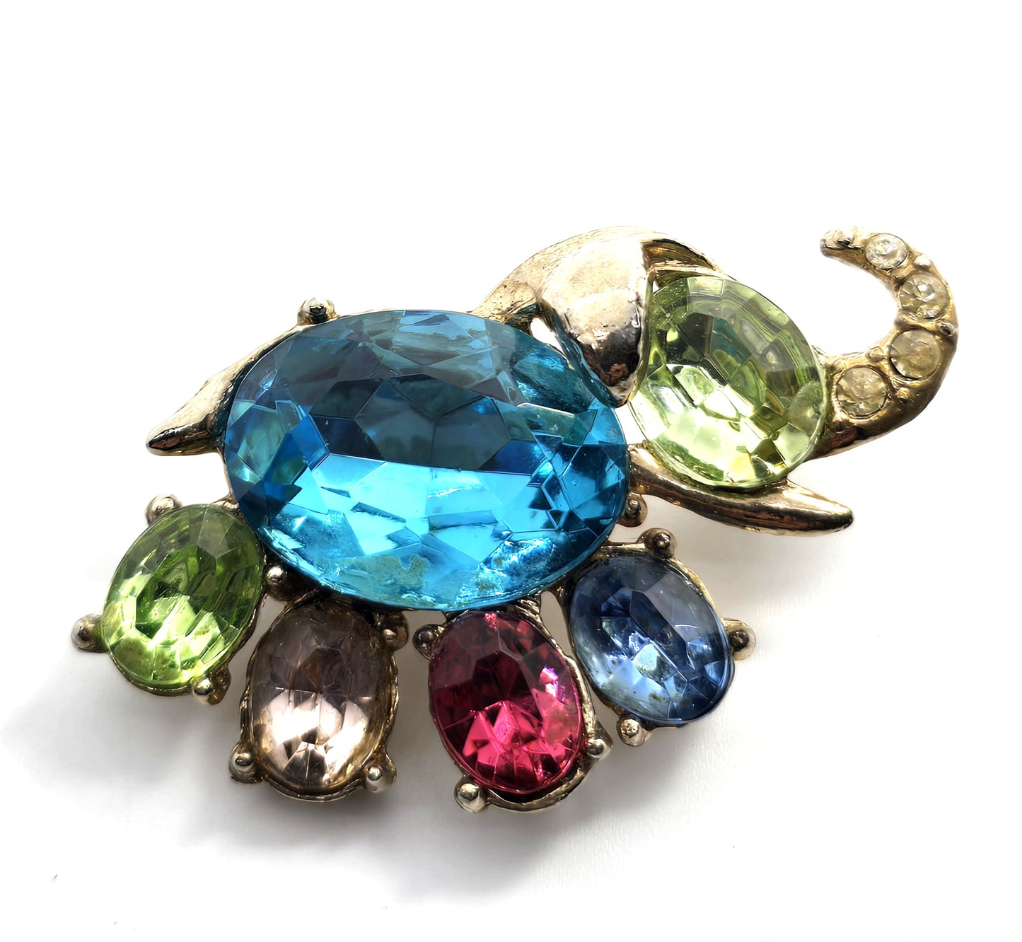 Green uranium glass rhinestone Lucky trunk Elephant UV glow vintage brooch