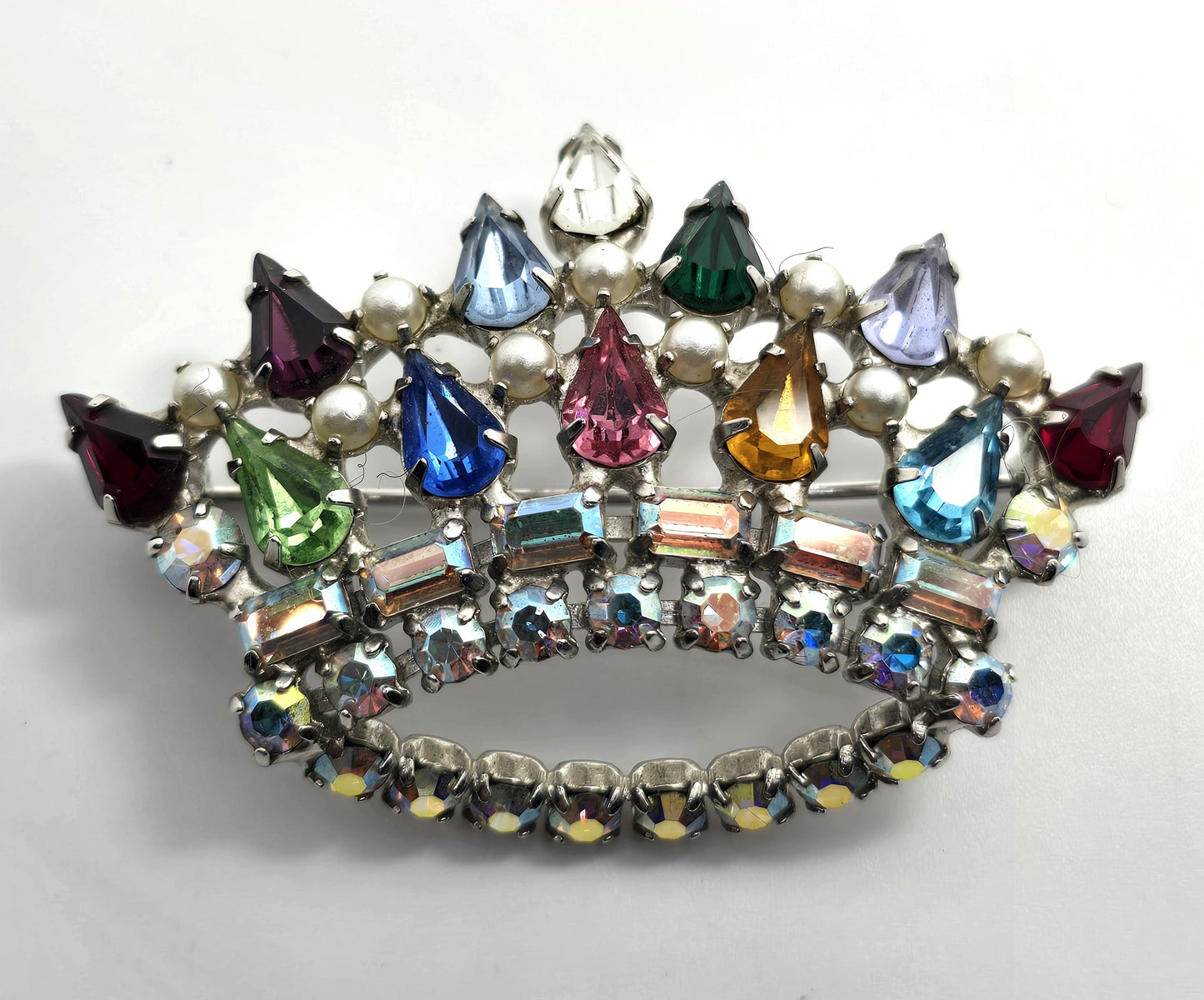 B David rainbow rhinestone crown Green uranium glass vintage brooch