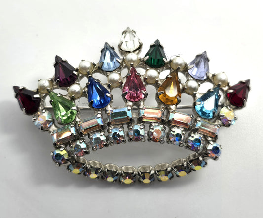 B David rainbow rhinestone crown Green uranium glass vintage brooch
