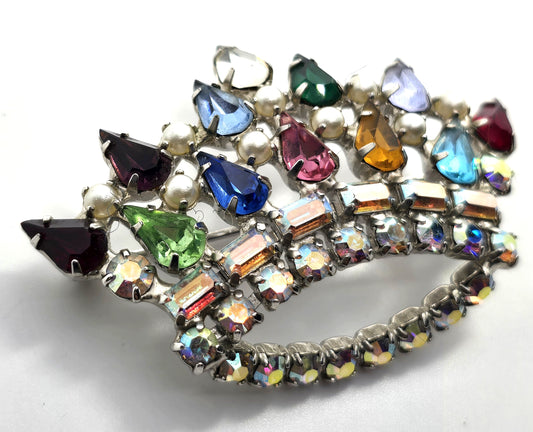 B David rainbow rhinestone crown Green uranium glass vintage brooch