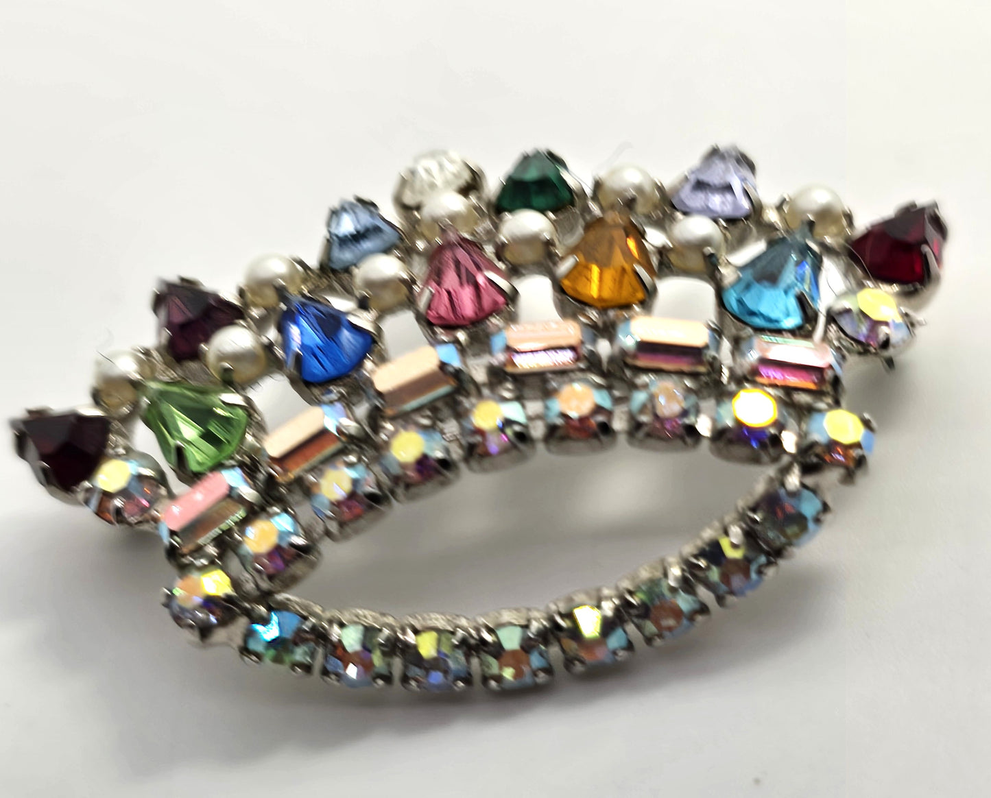 B David rainbow rhinestone crown Green uranium glass vintage brooch