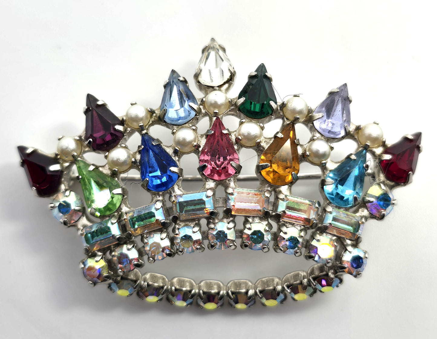 B David rainbow rhinestone crown Green uranium glass vintage brooch
