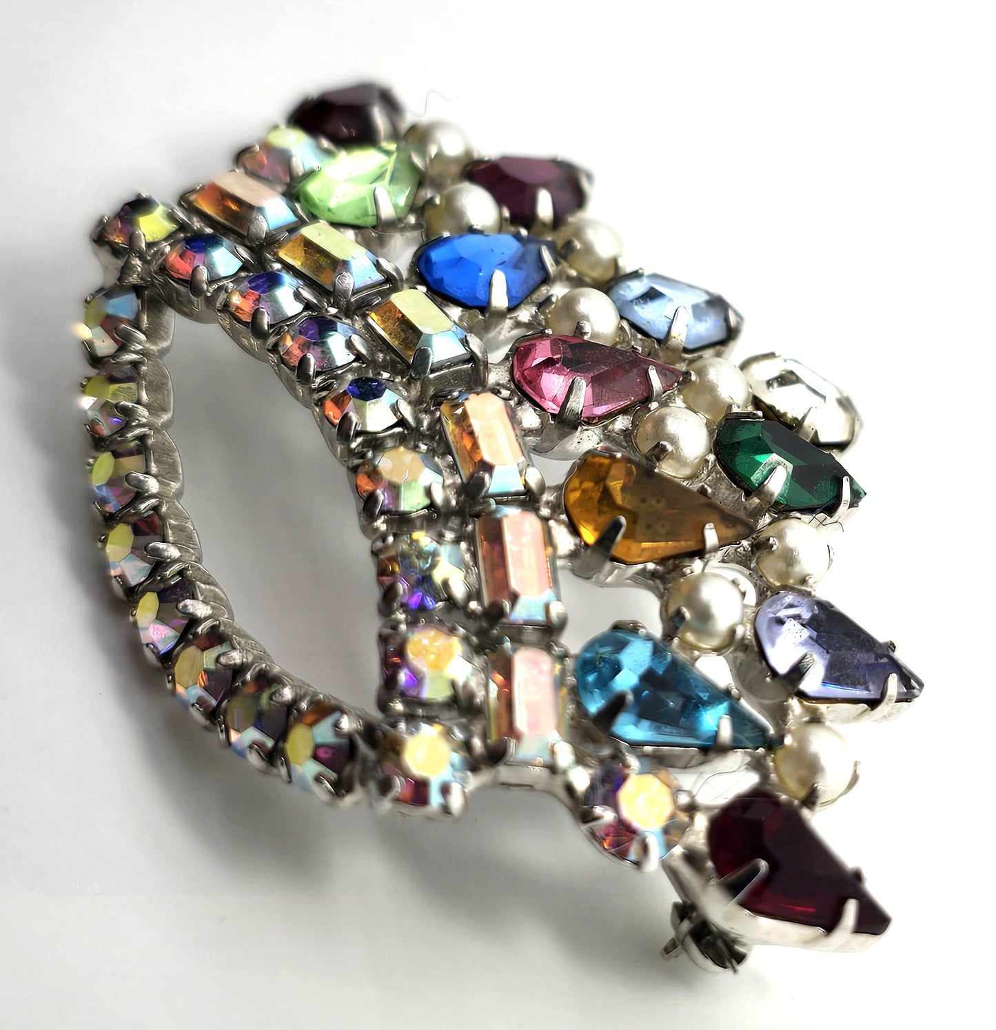 B David rainbow rhinestone crown Green uranium glass vintage brooch