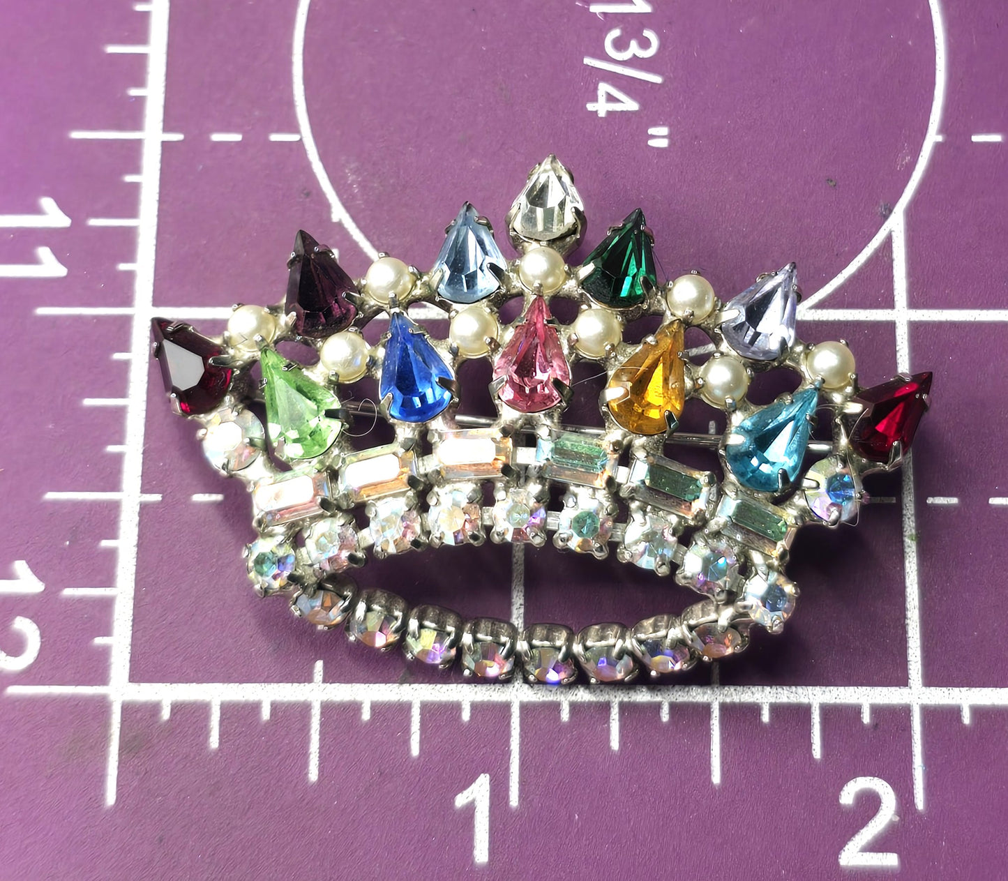 B David rainbow rhinestone crown Green uranium glass vintage brooch