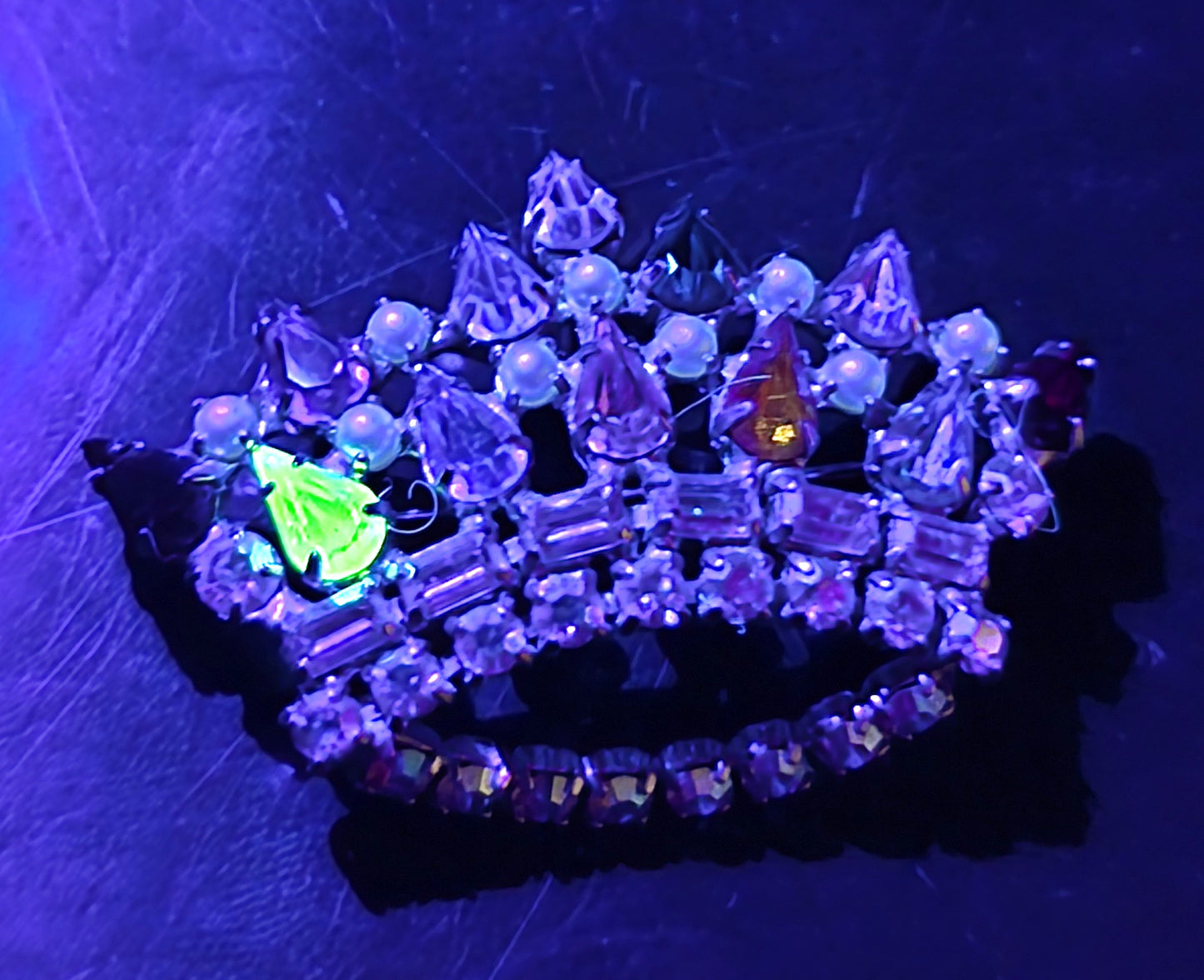 B David rainbow rhinestone crown Green uranium glass vintage brooch