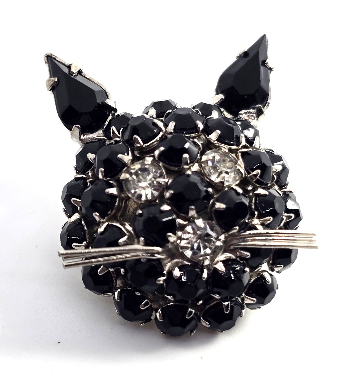 Joseph Warner Black and Silver kitty cat head signed vintage brooch