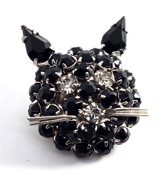 Joseph Warner Black and Silver kitty cat head signed vintage brooch