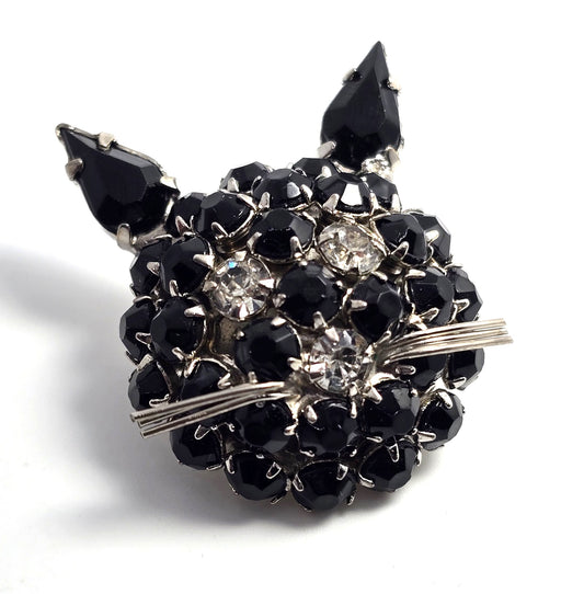 Joseph Warner Black and Silver kitty cat head signed vintage brooch