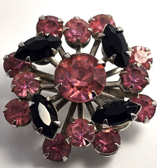 Red and  black rhinestone vintage flower mid century brooch MCM