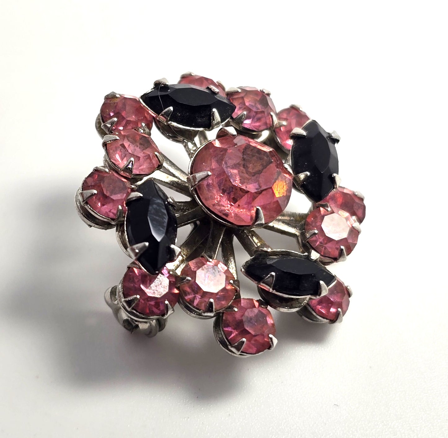 Red and  black rhinestone vintage flower mid century brooch MCM