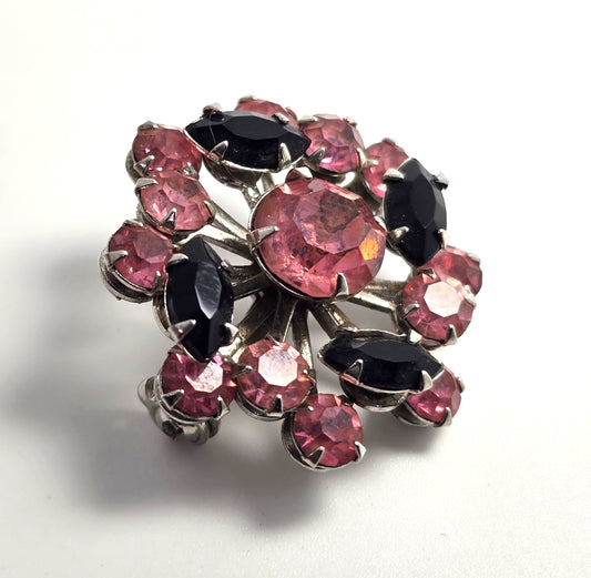 Red and  black rhinestone vintage flower mid century brooch MCM