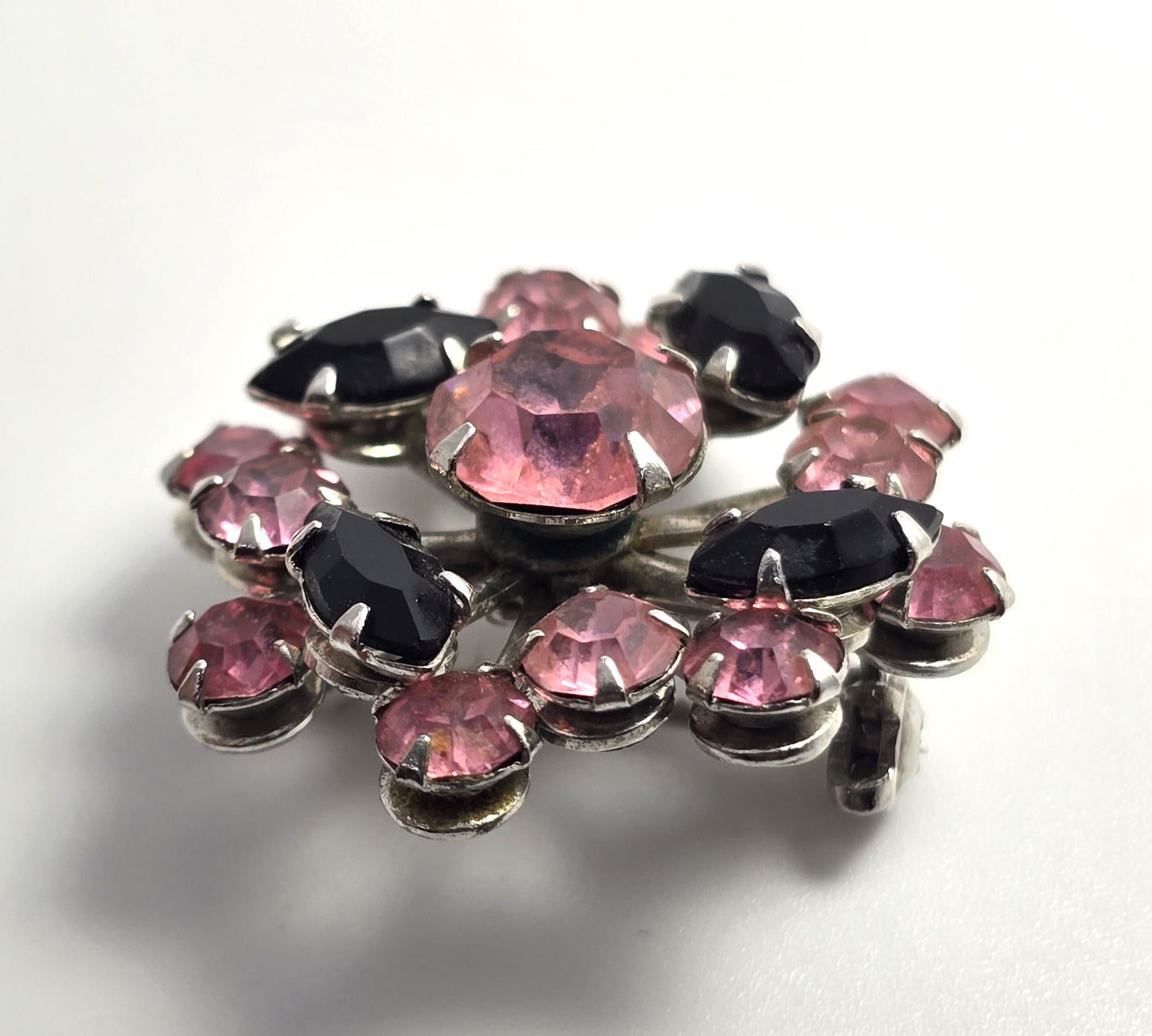 Red and  black rhinestone vintage flower mid century brooch MCM